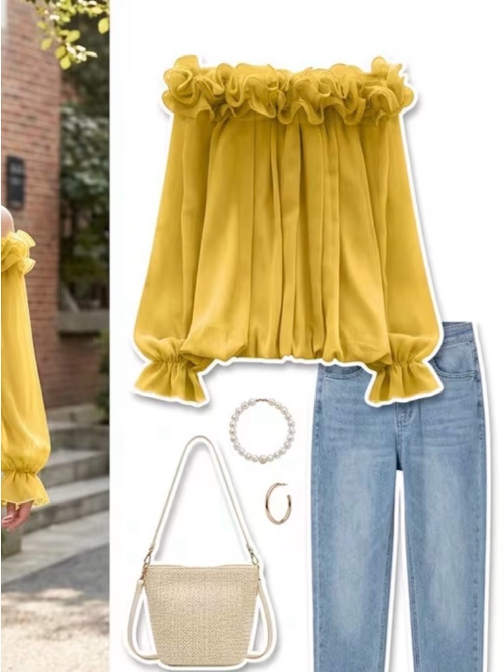 Yellow Ruffle Off-Shoulder Women's Blouse - Picture 5 of 6